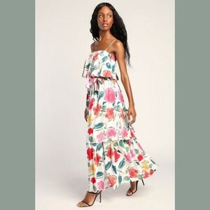 Lulus Size S White Floral Tiered Maxi Dress Spaghetti Straps Ruffle Off Shoulder